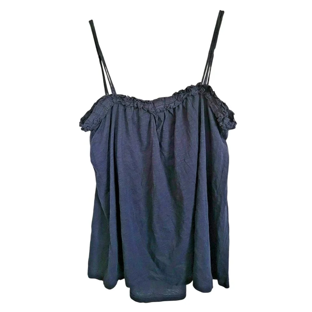 J. Crew L Braided Strap Cami Top Navy Blue Cotton Slub Ruffle Tank‎ Large NWT